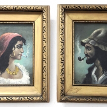 זוג ציורים המתארים גבר ואישה מעשנים, שמן על לוח, חתומים