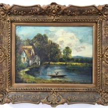 'דייג בלבן בסירה ליד בקתה' - שמן על בד, חתום