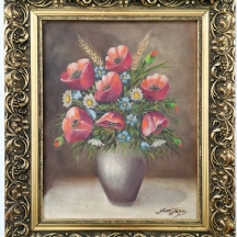 'זר פרגים ושיבולים בכד' - ציור שמן על בד, חתום