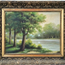 'פרחים צהובים ולבנים על גדת נחל' - ציור שמן על בד, חתום