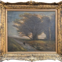 'אישה על שביל אפור' - ציור עתיק, שמן על בד, חתום