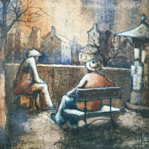 'שני גברים ליד לוח מודעות'  ציור שמן על בד, חתום