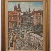 אלים מטוויצוק - 'אישה וכלב חוצים גשר אבן' - ציור שמן על בד, חתום AM