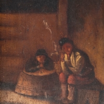 'זוג מעשן' - ציור עתיק מהמאה ה-19, שמן על לוח עץ