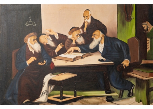 'יהודים לומדים תורה' - שמן על בד, חתום