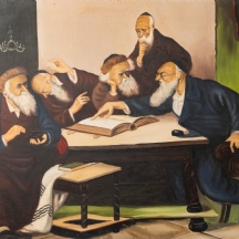 'יהודים לומדים תורה' - שמן על בד, חתום