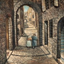 MANOBLA - זוג בסימטה ירושלמית, תבליט קיר כבד ומסיבי, עשוי חומר יצוק