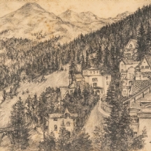 'נוף דאבוס' - רישום פחם ועפרונות על נייר, חתום ומתוארך 1951