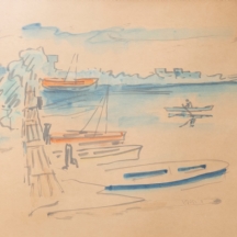 דוד הנדלר (1904-1984) - 'סירות קשורות לרציף',, אקוורל על נייר, חתום