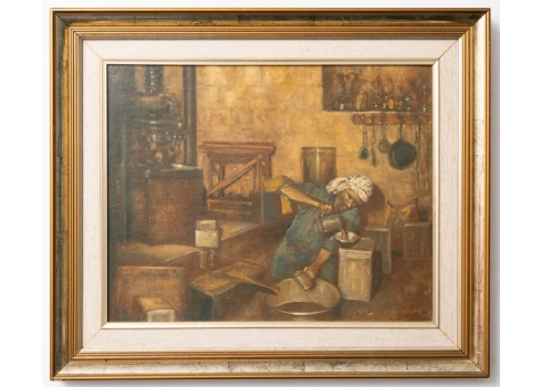 יורם לוקוב -' יוצק שמן זית ', שמן על בד צרפתי, חתום ומתוארך 1987