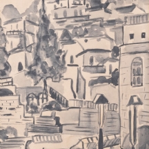 אמי נתנזון - אקוורל על נייר, 'צפת', חתום ומתוארך 1972