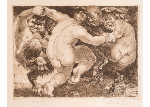 'הסאטירים' - תצריב עתיק, חתום RICHTER ומתוארך 1924 בעיפרון