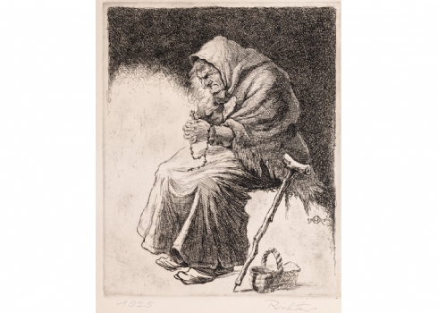 'מתפללת' - תצריב עתיק, חתום RICHTER ומתוארך 1925 בעיפרון