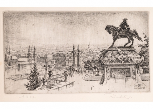 'נוף בודפשט' - תצריב עתיק, חתום RICHTER ומתוארך 1932 בעיפרון