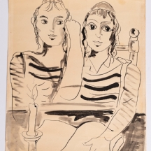 שלמה שוורץ (נ.1934) - אקריליק ודיו על נייר, 'שני תלמידים לומדים תורה',  חתום