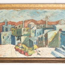 'גבר שוכב לפני עיר ערבית' - שמן על קרטון , חתום 'שפר'