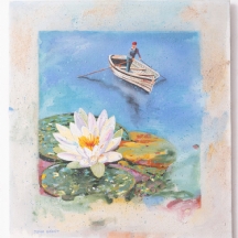 יהושע גריפית (1951) - 'סירה ולוטוס', שמן על בד מוצמד לדיקט, חתום