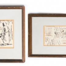 דוד הנדלר  ( 1904-1984)- שני ציורים, רישום דיו ואקוורל על נייר, חתומים