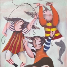 יובל מלר (Yuval Meller) - 'שלוש ילדות קופצות בחבל' - ציור גדול, שמן על בד, חתום