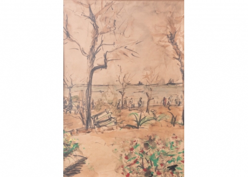 מליטה שיפר (1900-1991, Melita Schiffer) - 'ספסל תחת עץ' - רישום ואקוורל על נייר