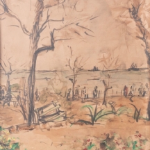 מליטה שיפר (1900-1991, Melita Schiffer) - 'ספסל תחת עץ' - רישום ואקוורל על נייר