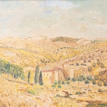 'בניין לצד שלושה ברושים בנוף' - ציור שמן על בד, חתום: b joshua