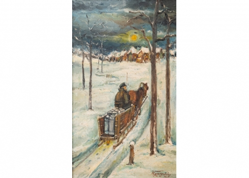 ויקטור מרגוליס (רוסיה, 1922-1984) - 'חלבן יהודי בנוף מושלג' - ציור שמן על בד