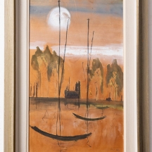 נחום ארבל (1926-2010)  'סירות על אגם' - אקוורל על לוח קרטון