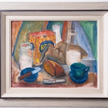 'טבע דומם עם סכין חמאה ובקבוק חלב' - ציור שמן על בד, לא חתום