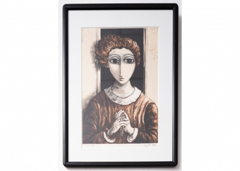 יוסל ברגנר (1920-2017, Yosl Bergner) - 'נערה עם מחרוזת' - ליטוגרפיה