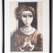 יוסל ברגנר (1920-2017, Yosl Bergner) - 'נערה עם מחרוזת' - ליטוגרפיה