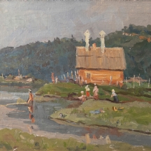 'כפריות כובסות בנהר' - ציור רוסי, שמן על בד, לא חתום, אמן לא ידוע