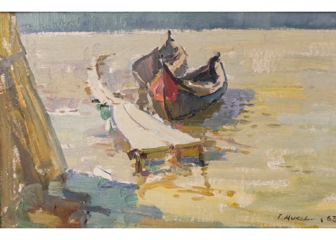 Г. Микольшин) G. Mikolshyn) 'שתי סירות קשורות למזח לבן', ציור רוסי