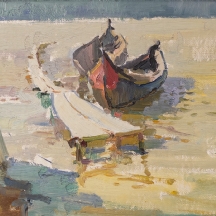 Г. Микольшин) G. Mikolshyn) 'שתי סירות קשורות למזח לבן', ציור רוסי