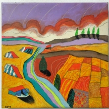 עודד פיינגרש (נ. 1938, Oded Feingersh) - אקריליק על בד, 'שדות חיטה ואוהלים בנגב'