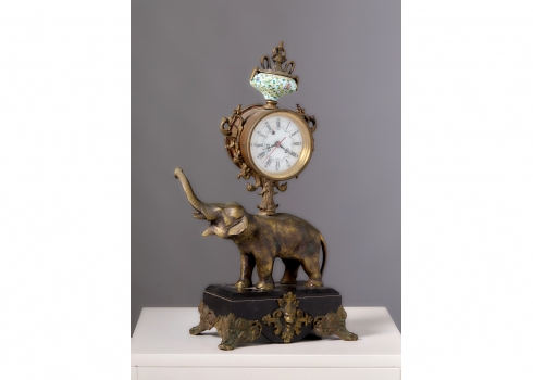 שעון שולחן ייחודי בסגנון לואי ה-15, ברונזה בצורת פיל עם בסיס שיש