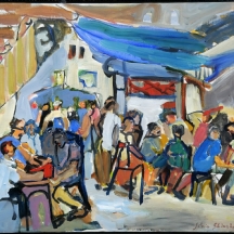 סילביה גינסברג, (נ. 1936, Sylvia Ginsberg) - 'דמויות בבית קפה' - שמן על בד, חתום