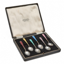 סט של 6 כפיות קפה עשויות כסף עם עיטורי אמייל דקורטיביים