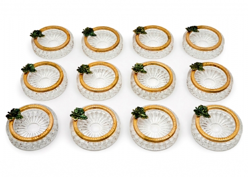 סט של 12 מאפרות אישיות מזכוכית קריסטל צרפתית עם עיטורי זהב