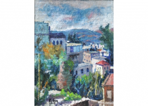 יהודה רודן (1916-1985, Yehuda Rodan)- בתים בצפת, שמן על בד צרפתי חתום