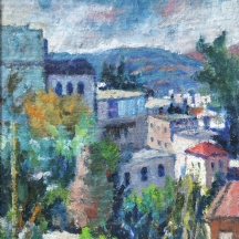 יהודה רודן (1916-1985, Yehuda Rodan)- בתים בצפת, שמן על בד צרפתי חתום