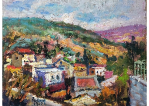 יהודה רודן (1916-1985, Yehuda Rodan)- בתים בראש פינה, שמן על בד צרפתי, חתום