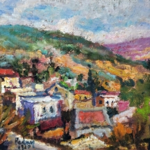 יהודה רודן (1916-1985, Yehuda Rodan)- בתים בראש פינה, שמן על בד צרפתי, חתום