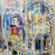 שמעון מונק - בית הכנסת הכחול בצפת, אקוורל על נייר, חתום ומתוארך 1983