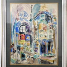 שמעון מונק - 'בית הכנסת הכחול בצפת', אקוורל על נייר, חתום ומתוארך 1983