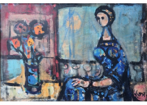 יעקוב וכסלר - אישה כחולה ואגרטל, שמן על בד, חתום