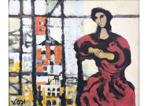 יעקוב וכסלר - אישה אדומה ליד חלון, שמן על בד, חתום ומתוארך בגב הציור 1993