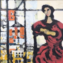 יעקוב וכסלר - אישה אדומה ליד חלון, שמן על בד, חתום ומתוארך בגב הציור 1993