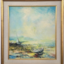 יוסף חיון (J. HAYON)  'סירות על החוף', שמן על לוח, חתום