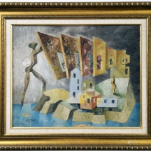 'דמות בנוף סוריאליסטי'  שמן על בד מוצמד ללוח חתום שיפרין ומתוארך 1959